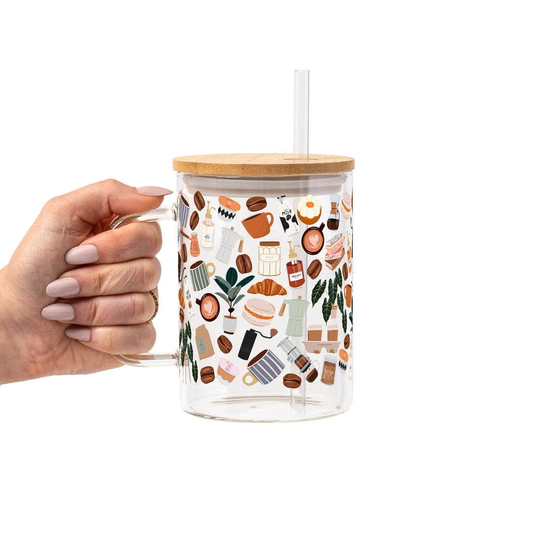 Cafe Cutie Glass Cup, Mug &amp; Tumbler with Lid and Straw