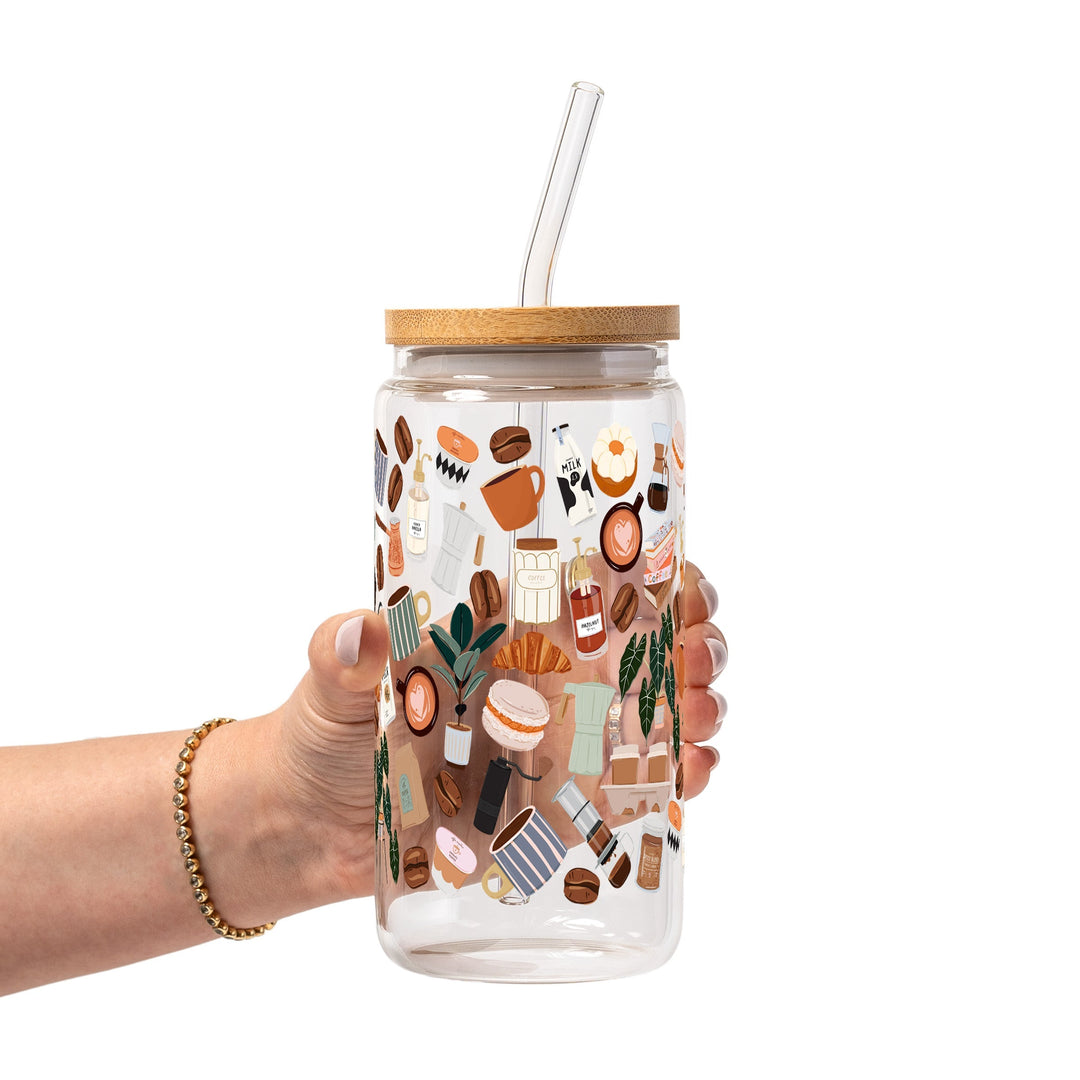 Cafe Cutie Glass Cup, Mug &amp; Tumbler with Lid and Straw