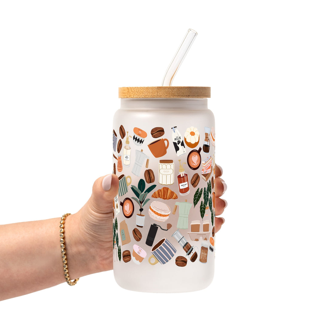 Cafe Cutie Glass Cup, Mug &amp; Tumbler with Lid and Straw