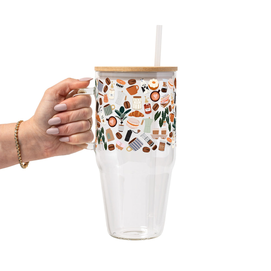 Cafe Cutie Glass Cup, Mug &amp; Tumbler with Lid and Straw
