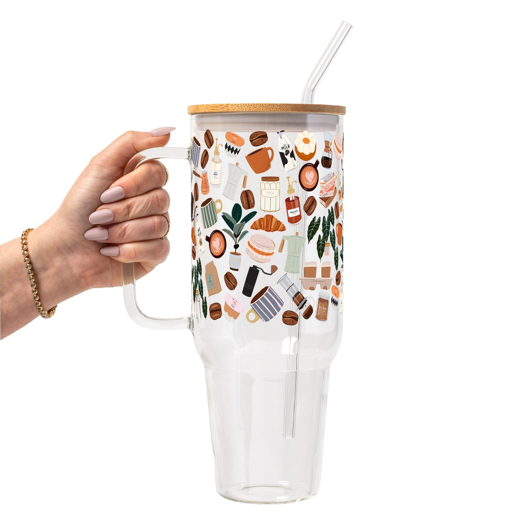Cafe Cutie Glass Cup, Mug &amp; Tumbler with Lid and Straw